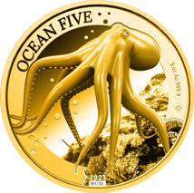 5 Unze Gold Ocean Five Oktopus 2023 PP (Auflage: 33 | Polierte Platte | Zertifikat Nr. 1)