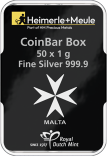 50 x 1g Silber Heimerle und Meule Malta Münzbarren UnityBox