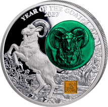 2 Unze Silber Lunar III Ziege 2027 (Auflage: 1.888 | teilvergoldet | Jade | Polierte Platte)