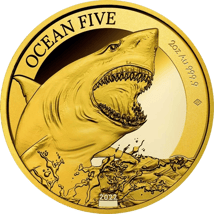 2 Unze Gold Ocean Five Weißer Hai 2022 PP (Auflage: 50 | Polierte Platte | Zertifikat Nr. 50)