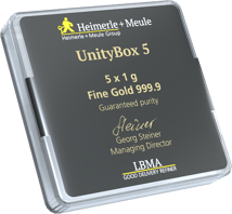 5 x 1g Goldbarren Heimerle und Meule UnityBar